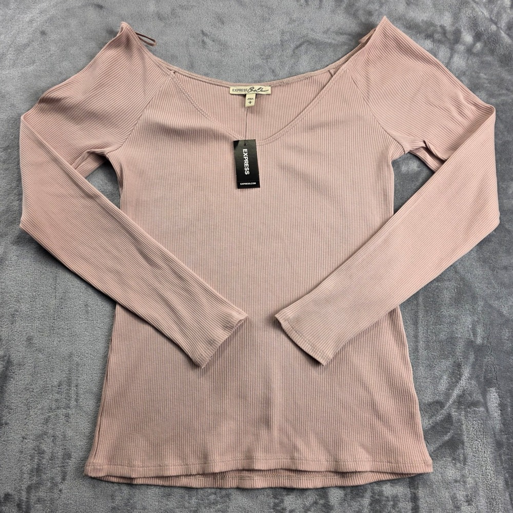 Express Top Large Pink Womens Slim Ribbed Cotton Modal V-Neck Long Sleeve Tee